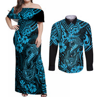 Hawaii Fish Hook Couples Matching Off Shoulder Maxi Dress and Long Sleeve Button Shirts Hibiscus Hawaii Tribal Tattoo Sky Blue Version LT01 Blue - Polynesian Pride
