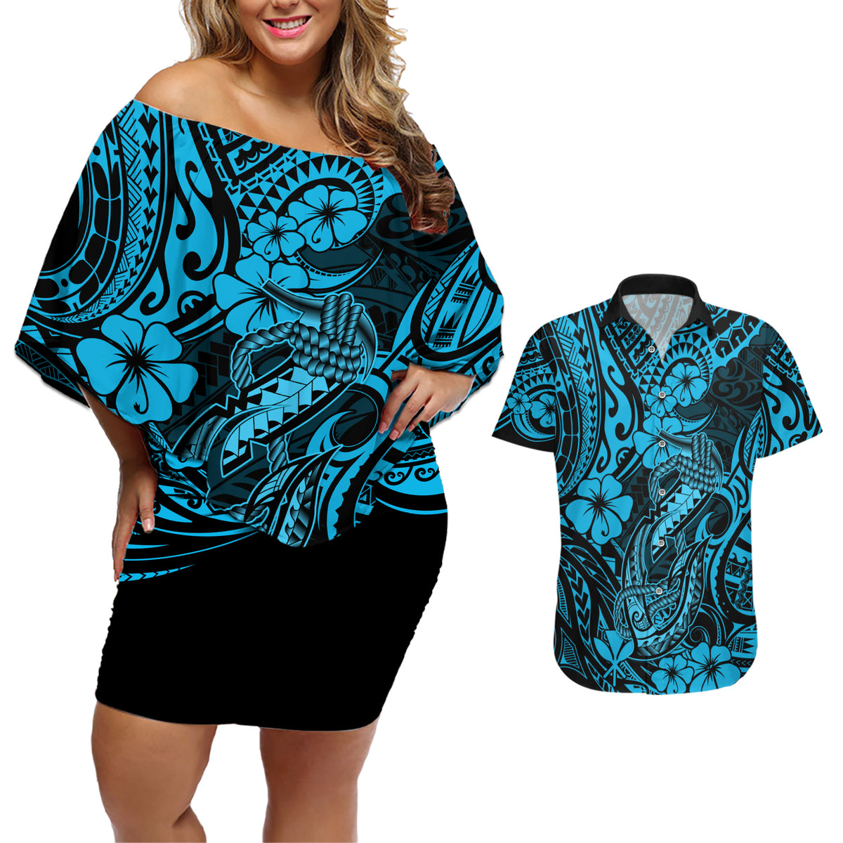 Hawaii Fish Hook Couples Matching Off Shoulder Short Dress and Hawaiian Shirt Hibiscus Hawaii Tribal Tattoo Sky Blue Version LT01 Blue - Polynesian Pride