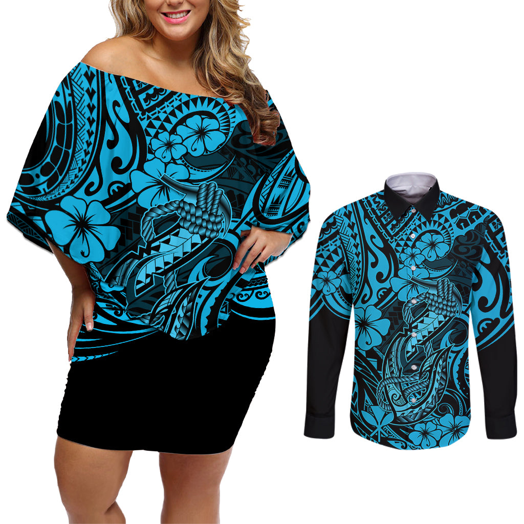 Hawaii Fish Hook Couples Matching Off Shoulder Short Dress and Long Sleeve Button Shirts Hibiscus Hawaii Tribal Tattoo Sky Blue Version LT01 Blue - Polynesian Pride