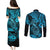 Hawaii Fish Hook Couples Matching Puletasi Dress and Long Sleeve Button Shirts Hibiscus Hawaii Tribal Tattoo Sky Blue Version LT01 - Polynesian Pride