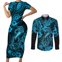 Hawaii Fish Hook Couples Matching Short Sleeve Bodycon Dress and Long Sleeve Button Shirts Hibiscus Hawaii Tribal Tattoo Sky Blue Version LT01 Blue - Polynesian Pride