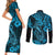Hawaii Fish Hook Couples Matching Short Sleeve Bodycon Dress and Long Sleeve Button Shirts Hibiscus Hawaii Tribal Tattoo Sky Blue Version LT01 - Polynesian Pride