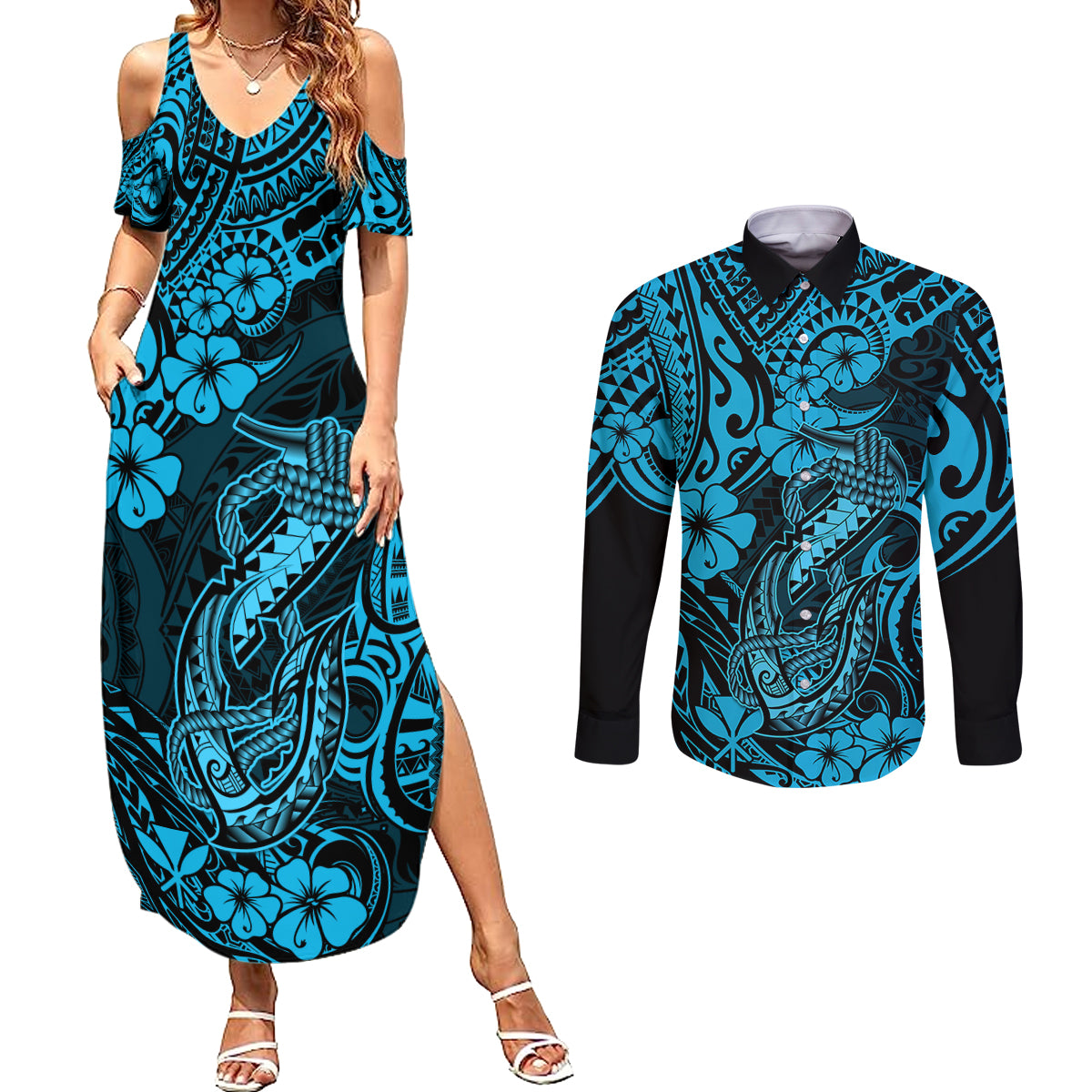 Hawaii Fish Hook Couples Matching Summer Maxi Dress and Long Sleeve Button Shirts Hibiscus Hawaii Tribal Tattoo Sky Blue Version LT01 Blue - Polynesian Pride