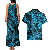 Hawaii Fish Hook Couples Matching Tank Maxi Dress and Hawaiian Shirt Hibiscus Hawaii Tribal Tattoo Sky Blue Version LT01 - Polynesian Pride