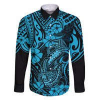 Hawaii Fish Hook Family Matching Long Sleeve Bodycon Dress and Hawaiian Shirt Hibiscus Hawaii Tribal Tattoo Sky Blue Version LT01 Dad's Shirt - Long Sleeve Blue - Polynesian Pride