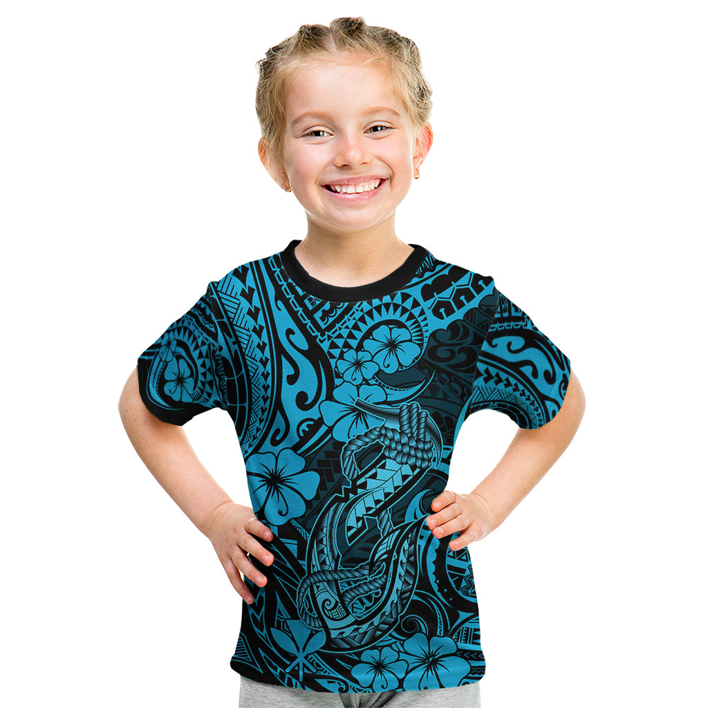 Hawaii Fish Hook Kid T Shirt Hibiscus Hawaii Tribal Tattoo Sky Blue Version LT01 Blue - Polynesian Pride