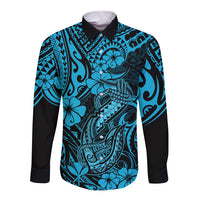 Hawaii Fish Hook Long Sleeve Button Shirt Hibiscus Hawaii Tribal Tattoo Sky Blue Version LT01 Unisex Blue - Polynesian Pride