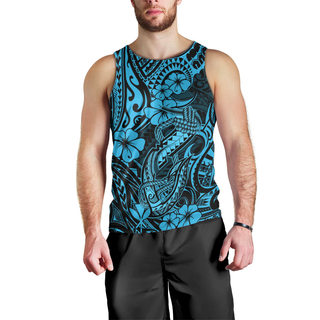 Hawaii Fish Hook Men Tank Top Hibiscus Hawaii Tribal Tattoo Sky Blue Version LT01 - Polynesian Pride
