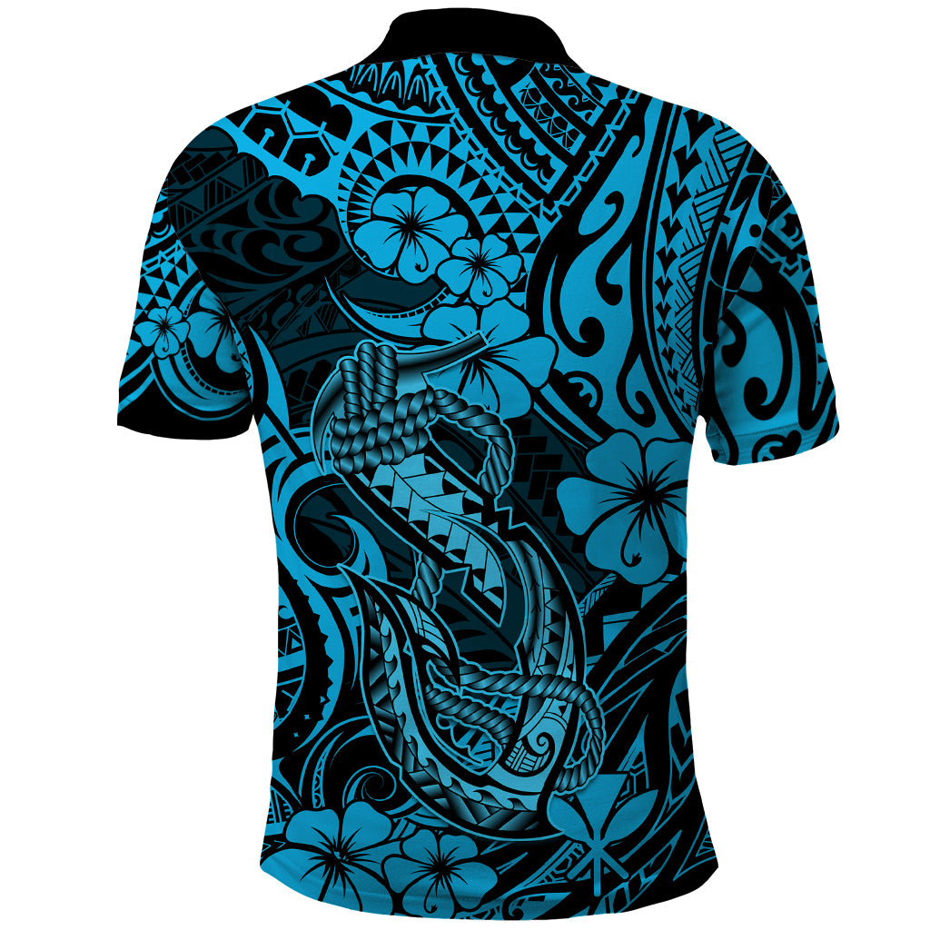 Hawaii Fish Hook Polo Shirt Hibiscus Hawaii Tribal Tattoo Sky Blue Version LT01 - Polynesian Pride