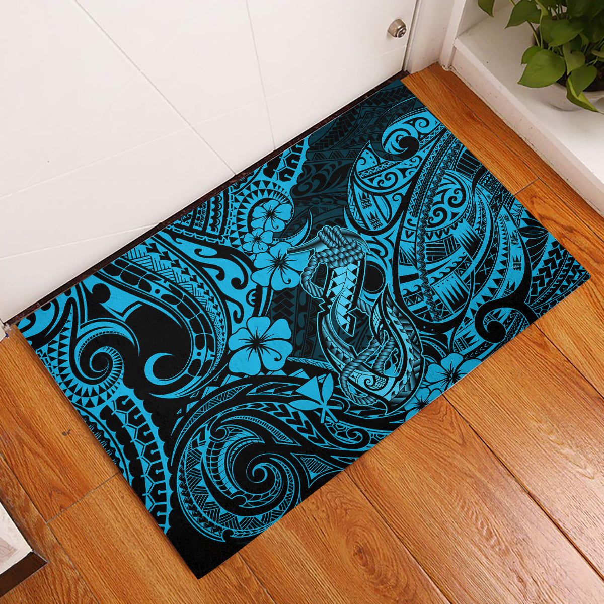 Hawaii Fish Hook Rubber Doormat Hibiscus Hawaii Tribal Tattoo Sky Blue Version LT01 Blue - Polynesian Pride