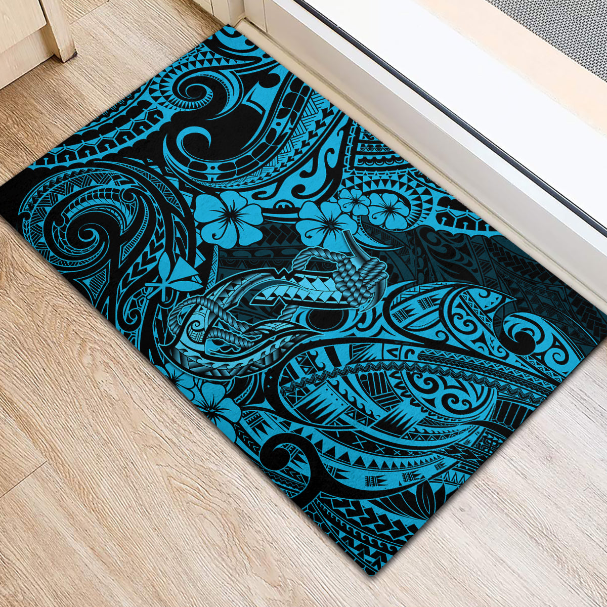 Hawaii Fish Hook Rubber Doormat Hibiscus Hawaii Tribal Tattoo Sky Blue Version LT01 - Polynesian Pride