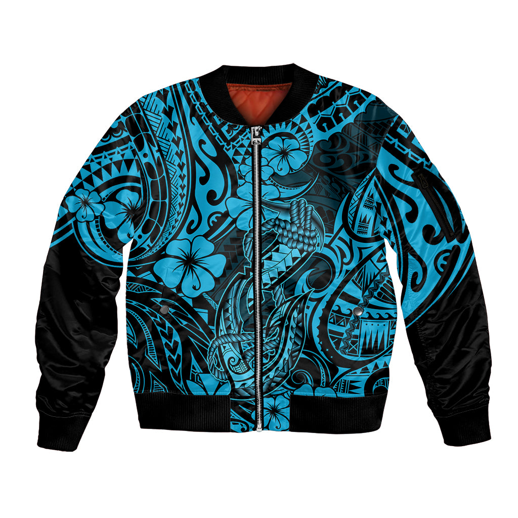 Hawaii Fish Hook Sleeve Zip Bomber Jacket Hibiscus Hawaii Tribal Tattoo Sky Blue Version LT01 Unisex Blue - Polynesian Pride