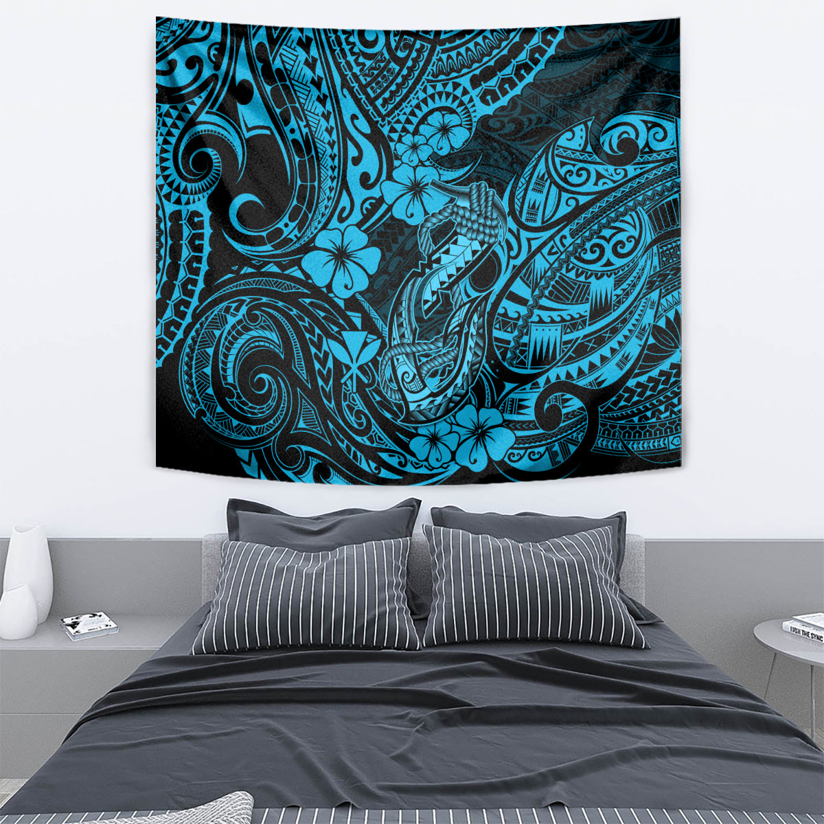 Hawaii Fish Hook Tapestry Hibiscus Hawaii Tribal Tattoo Sky Blue Version LT01 - Polynesian Pride