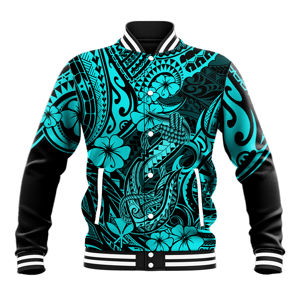 Hawaii Fish Hook Baseball Jacket Hibiscus Hawaii Tribal Tattoo Turquoise Version LT01 Unisex Turquoise - Polynesian Pride