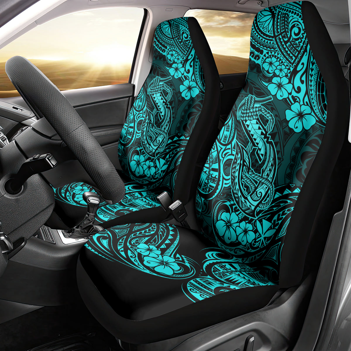 Hawaii Fish Hook Car Seat Cover Hibiscus Hawaii Tribal Tattoo Turquoise Version LT01 - Polynesian Pride
