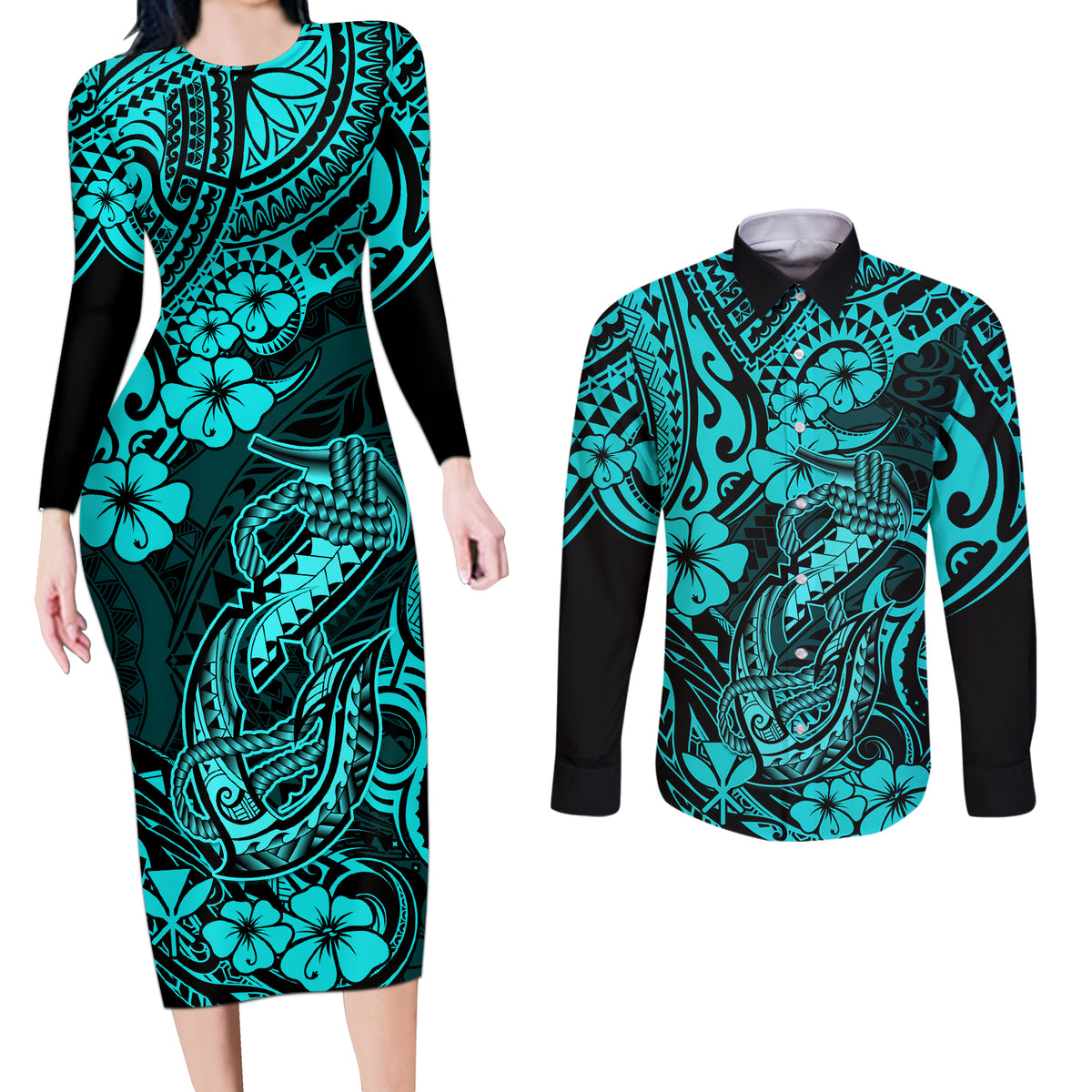 Hawaii Fish Hook Couples Matching Long Sleeve Bodycon Dress and Long Sleeve Button Shirts Hibiscus Hawaii Tribal Tattoo Turquoise Version LT01 Turquoise - Polynesian Pride