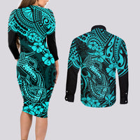 Hawaii Fish Hook Couples Matching Long Sleeve Bodycon Dress and Long Sleeve Button Shirts Hibiscus Hawaii Tribal Tattoo Turquoise Version LT01 - Polynesian Pride