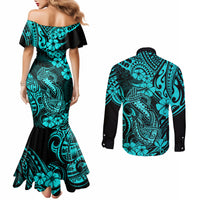 Hawaii Fish Hook Couples Matching Mermaid Dress and Long Sleeve Button Shirts Hibiscus Hawaii Tribal Tattoo Turquoise Version LT01 - Polynesian Pride