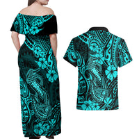 Hawaii Fish Hook Couples Matching Off Shoulder Maxi Dress and Hawaiian Shirt Hibiscus Hawaii Tribal Tattoo Turquoise Version LT01 - Polynesian Pride