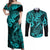 Hawaii Fish Hook Couples Matching Off Shoulder Maxi Dress and Long Sleeve Button Shirts Hibiscus Hawaii Tribal Tattoo Turquoise Version LT01 Turquoise - Polynesian Pride