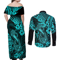Hawaii Fish Hook Couples Matching Off Shoulder Maxi Dress and Long Sleeve Button Shirts Hibiscus Hawaii Tribal Tattoo Turquoise Version LT01 - Polynesian Pride