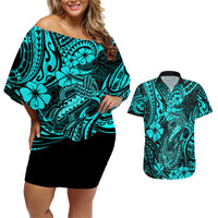 Hawaii Fish Hook Couples Matching Off Shoulder Short Dress and Hawaiian Shirt Hibiscus Hawaii Tribal Tattoo Turquoise Version LT01 Turquoise - Polynesian Pride