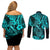 Hawaii Fish Hook Couples Matching Off Shoulder Short Dress and Long Sleeve Button Shirts Hibiscus Hawaii Tribal Tattoo Turquoise Version LT01 - Polynesian Pride
