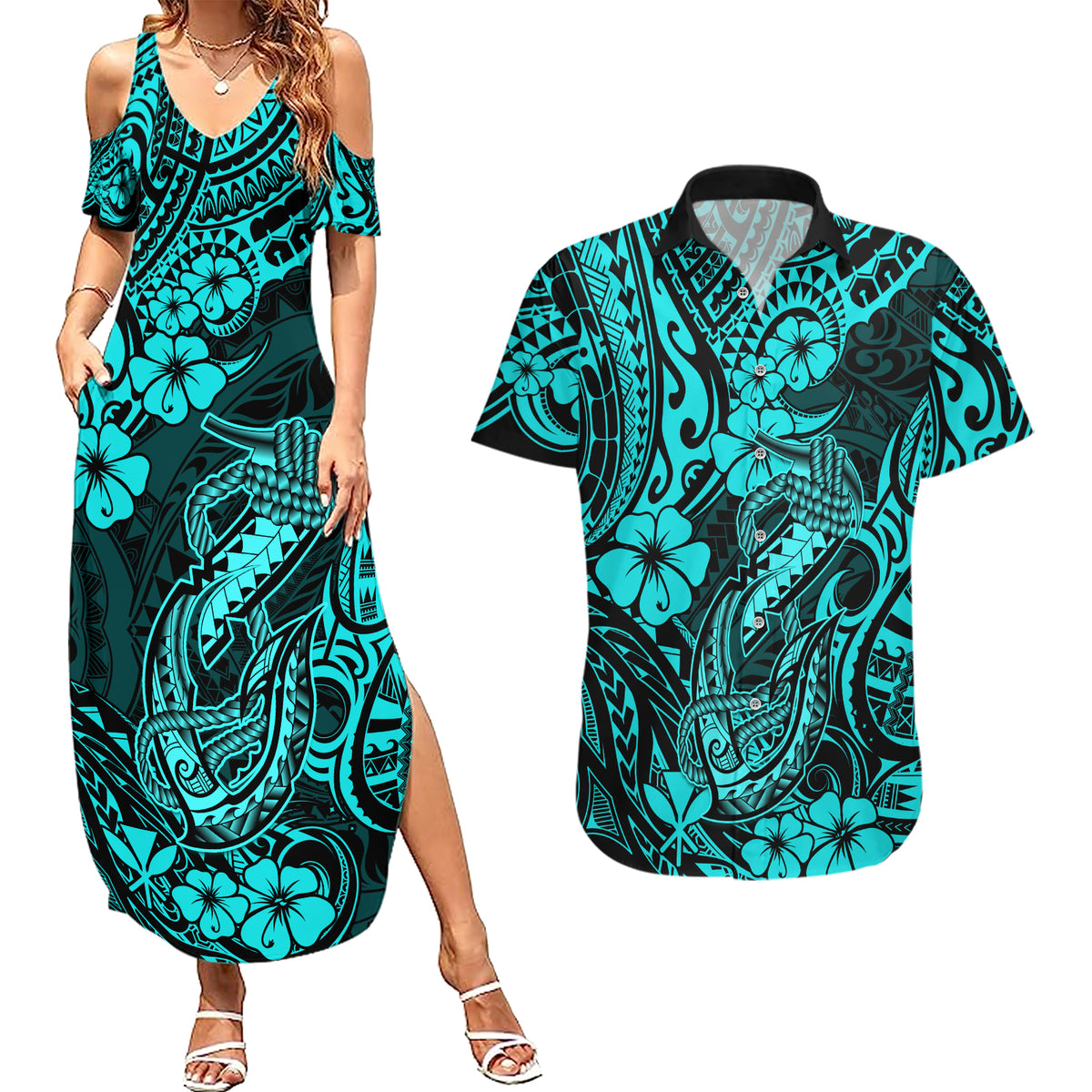 Hawaii Fish Hook Couples Matching Summer Maxi Dress and Hawaiian Shirt Hibiscus Hawaii Tribal Tattoo Turquoise Version LT01 Turquoise - Polynesian Pride