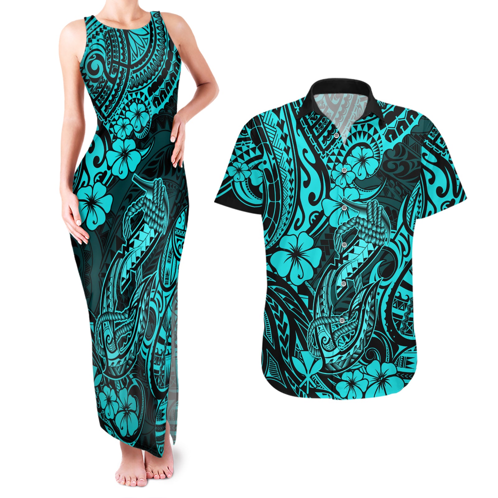 Hawaii Fish Hook Couples Matching Tank Maxi Dress and Hawaiian Shirt Hibiscus Hawaii Tribal Tattoo Turquoise Version LT01 Turquoise - Polynesian Pride