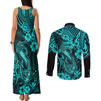 Hawaii Fish Hook Couples Matching Tank Maxi Dress and Long Sleeve Button Shirts Hibiscus Hawaii Tribal Tattoo Turquoise Version LT01 - Polynesian Pride