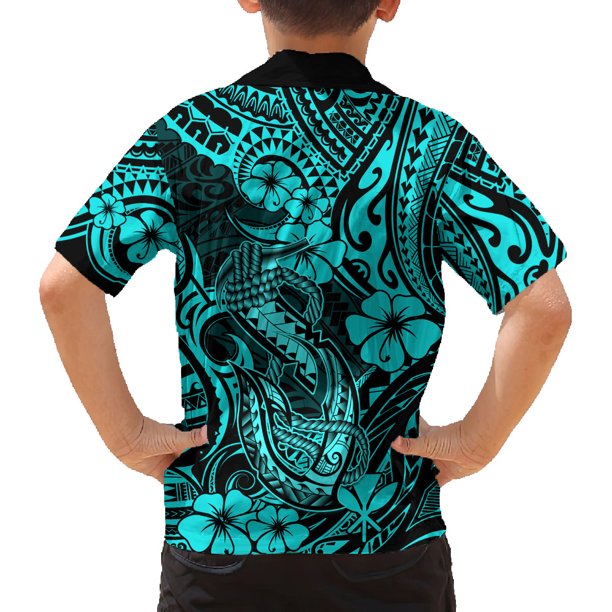 Hawaii Fish Hook Family Matching Off Shoulder Maxi Dress and Hawaiian Shirt Hibiscus Hawaii Tribal Tattoo Turquoise Version LT01 - Polynesian Pride