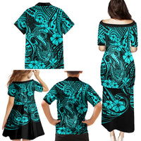 Hawaii Fish Hook Family Matching Puletasi Dress and Hawaiian Shirt Hibiscus Hawaii Tribal Tattoo Turquoise Version LT01 - Polynesian Pride
