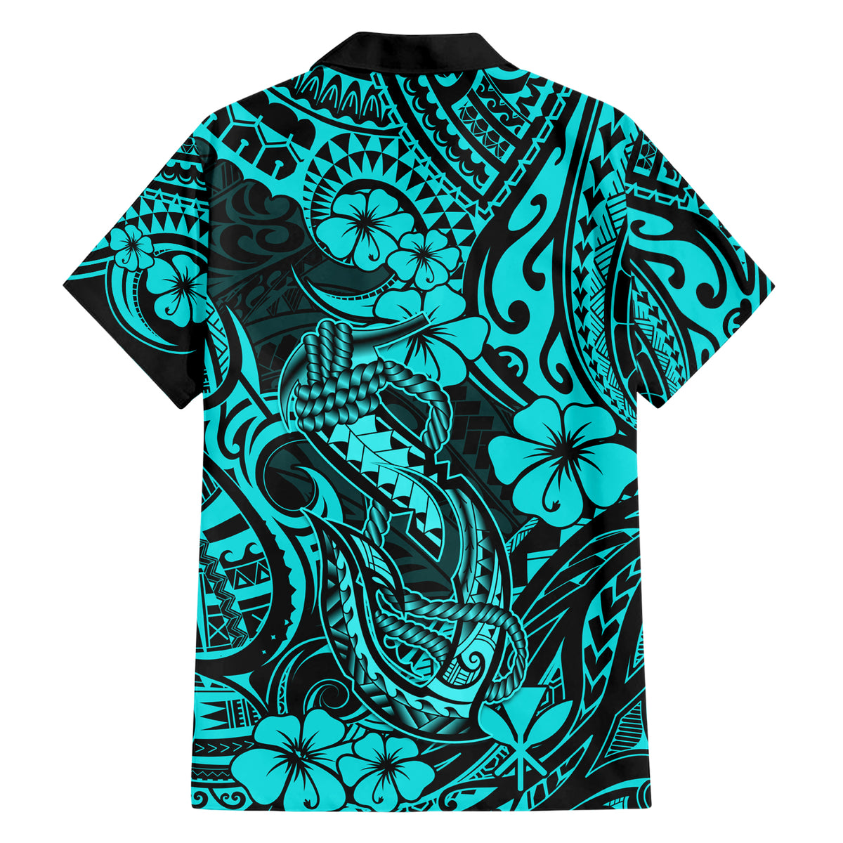 Hawaii Fish Hook Family Matching Short Sleeve Bodycon Dress and Hawaiian Shirt Hibiscus Hawaii Tribal Tattoo Turquoise Version LT01 - Polynesian Pride