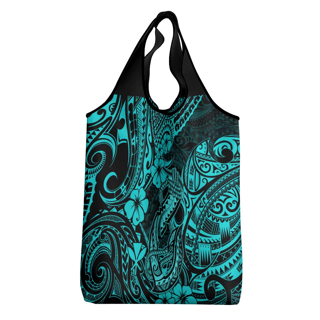 Hawaii Fish Hook Grocery Bag Hibiscus Hawaii Tribal Tattoo Turquoise Version