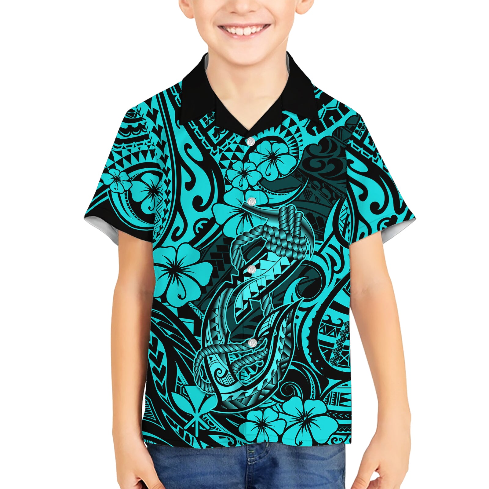 Hawaii Fish Hook Kid Hawaiian Shirt Hibiscus Hawaii Tribal Tattoo Turquoise Version LT01 Kid Turquoise - Polynesian Pride