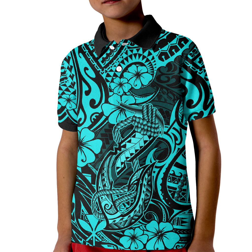 Hawaii Fish Hook Kid Polo Shirt Hibiscus Hawaii Tribal Tattoo Turquoise Version LT01 Kid Turquoise - Polynesian Pride