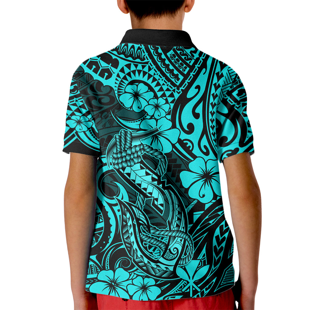 Hawaii Fish Hook Kid Polo Shirt Hibiscus Hawaii Tribal Tattoo Turquoise Version LT01 - Polynesian Pride