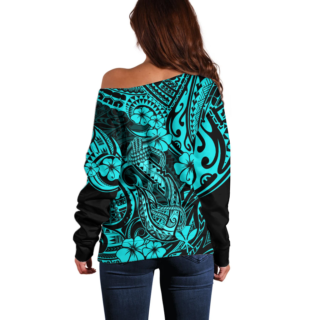 Hawaii Fish Hook Off Shoulder Sweater Hibiscus Hawaii Tribal Tattoo Turquoise Version LT01 - Polynesian Pride