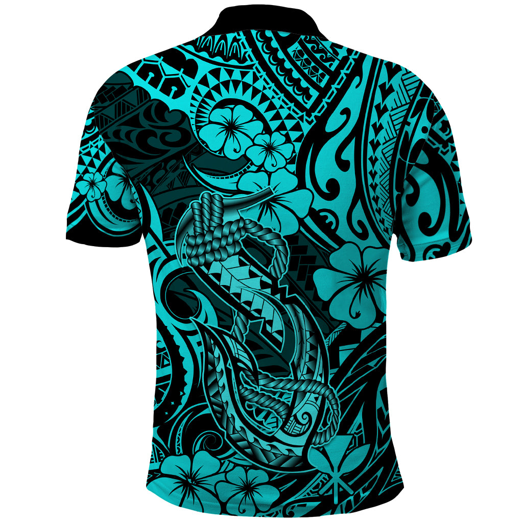 Hawaii Fish Hook Polo Shirt Hibiscus Hawaii Tribal Tattoo Turquoise Version LT01 - Polynesian Pride