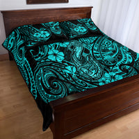 Hawaii Fish Hook Quilt Bed Set Hibiscus Hawaii Tribal Tattoo Turquoise Version LT01 - Polynesian Pride