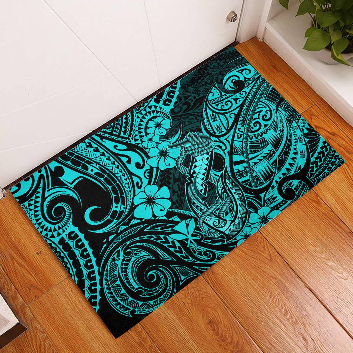 Hawaii Fish Hook Rubber Doormat Hibiscus Hawaii Tribal Tattoo Turquoise Version LT01 Turquoise - Polynesian Pride