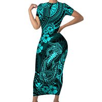 Hawaii Fish Hook Short Sleeve Bodycon Dress Hibiscus Hawaii Tribal Tattoo Turquoise Version LT01 Long Dress Turquoise - Polynesian Pride