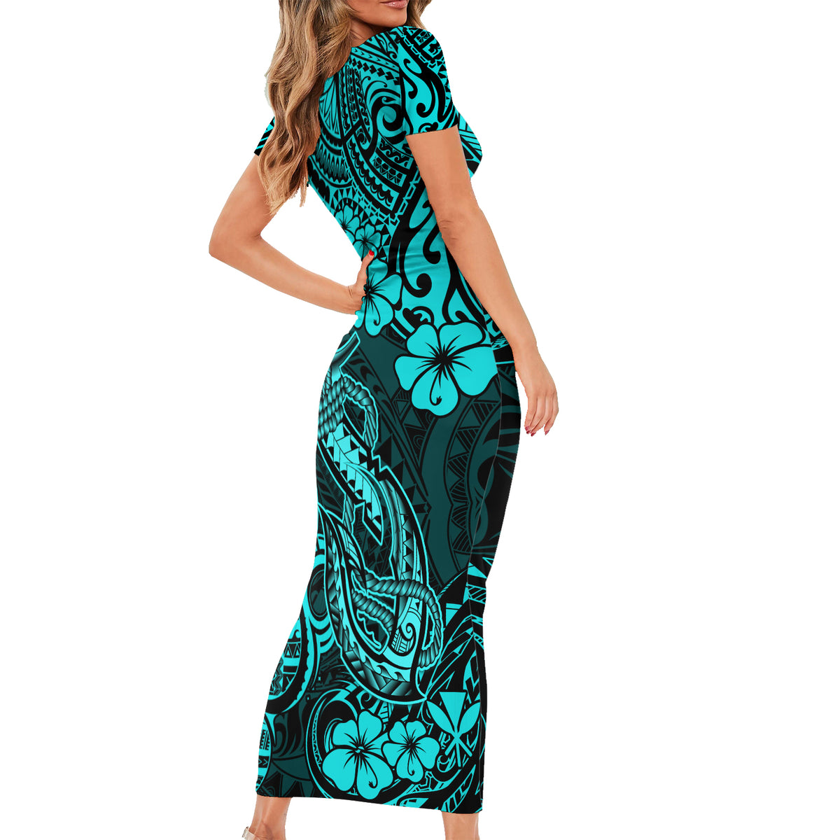 Hawaii Fish Hook Short Sleeve Bodycon Dress Hibiscus Hawaii Tribal Tattoo Turquoise Version LT01 - Polynesian Pride