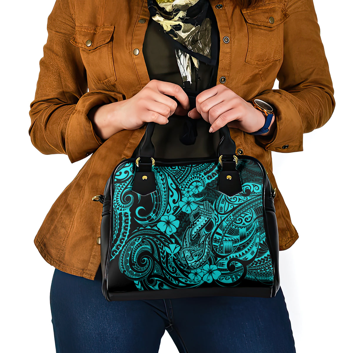 Hawaii Fish Hook Shoulder Handbag Hibiscus Hawaii Tribal Tattoo Turquoise Version LT01 - Polynesian Pride