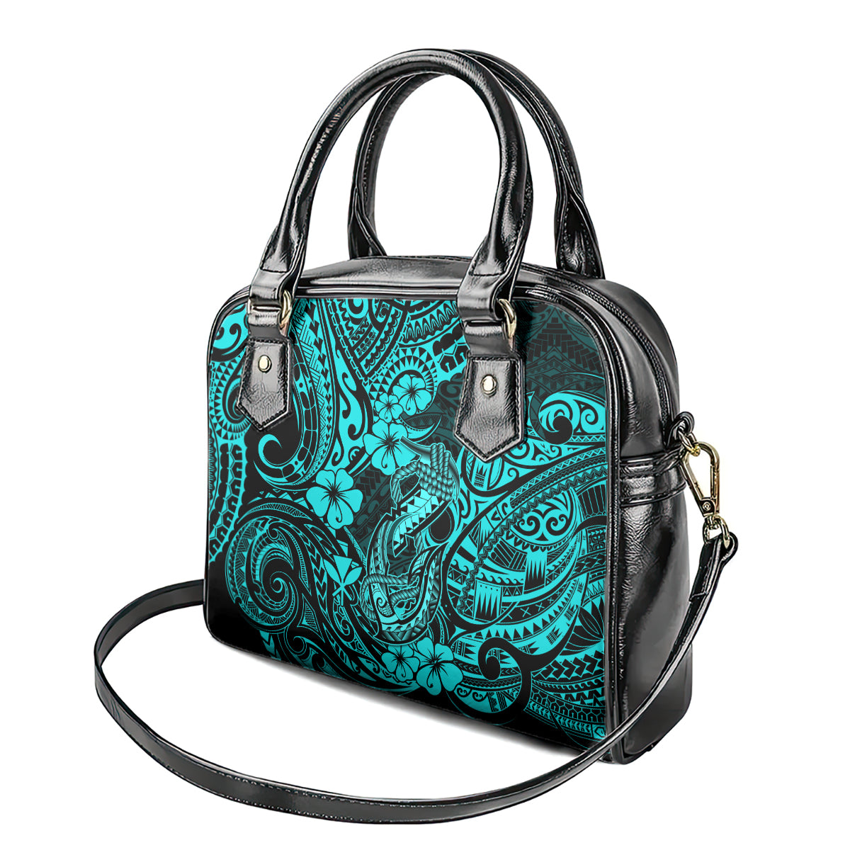 Hawaii Fish Hook Shoulder Handbag Hibiscus Hawaii Tribal Tattoo Turquoise Version LT01 - Polynesian Pride