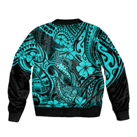 Hawaii Fish Hook Sleeve Zip Bomber Jacket Hibiscus Hawaii Tribal Tattoo Turquoise Version LT01 - Polynesian Pride