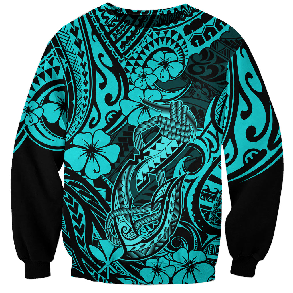 Hawaii Fish Hook Sweatshirt Hibiscus Hawaii Tribal Tattoo Turquoise Version LT01 Unisex Turquoise - Polynesian Pride