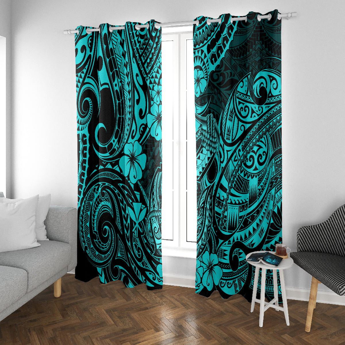 Hawaii Fish Hook Window Curtain Hibiscus Hawaii Tribal Tattoo Turquoise Version LT01 - Polynesian Pride