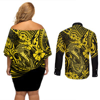 Hawaii Fish Hook Couples Matching Off Shoulder Short Dress and Long Sleeve Button Shirts Hibiscus Hawaii Tribal Tattoo Yellow Version LT01 - Polynesian Pride
