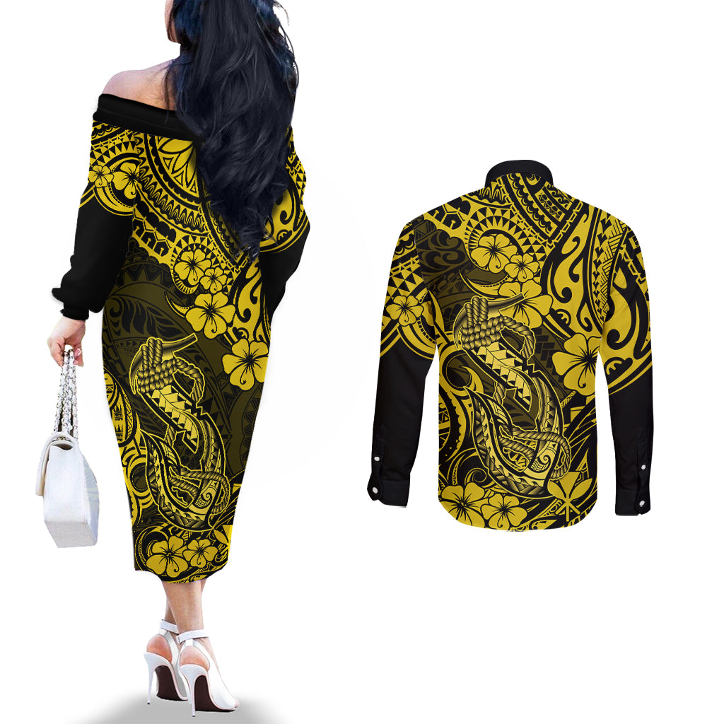 Hawaii Fish Hook Couples Matching Off The Shoulder Long Sleeve Dress and Long Sleeve Button Shirts Hibiscus Hawaii Tribal Tattoo Yellow Version LT01 - Polynesian Pride
